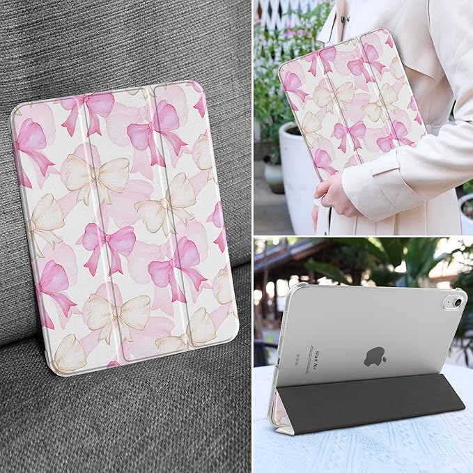 MEEgoodo for M4/M3/M2 iPad Air 11 inch Case 2026 2025 2024Case for iPad Air 5th/4th Generation 10.9 inch 2022 2020 Tablet Cover with Silk Texture &amp PC Clear Back Cover White &amp Pink Bows