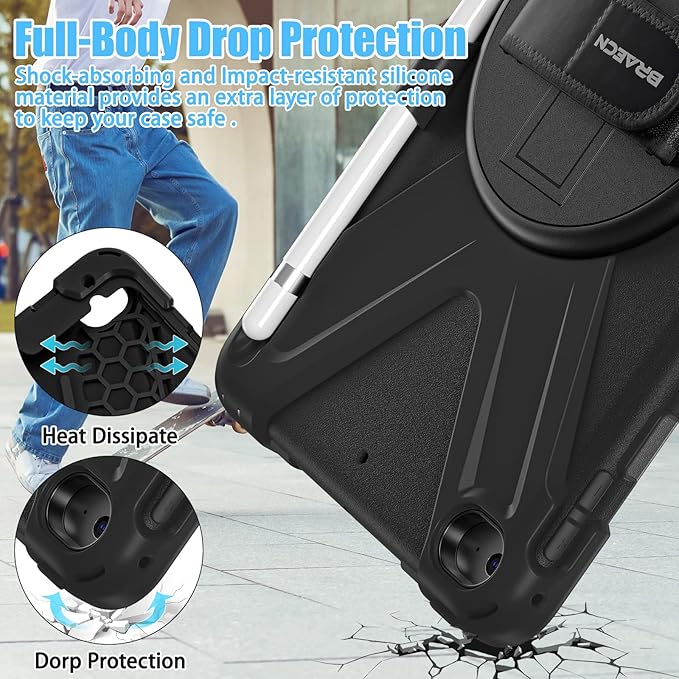 BRAECNstock for Apple iPad mini 5/4 Case 2019/2015 7.9 Shockproof Protective Cover with Pencil Holder Rotating Hand Strap &amp Stand Shoulder Strap Case for iPad mini 5th/4th Generation Black