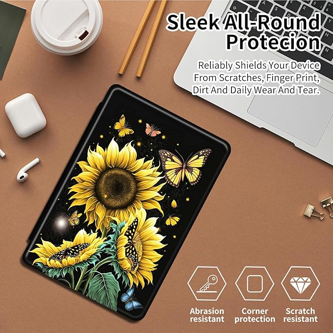 Case for iPad (A16) 11th Generation 11 Inch 2025/10th Generation 10.9 Inch 2022360 Degree Rotating Swivel Stand Protective Cover with Auto Wake/Sleep for iPad 10th 10.9Sunflower Butterfly