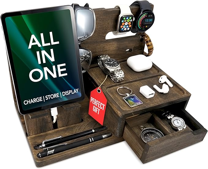 Nightstand Organizer- Phone Docking Station for Men- Unique Gifts for Husband Father or Dad from Wife Son or Daughter- Desk Organizer for Cellphone Watches Wallet and Key (Rustic)