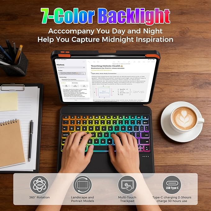 QUARK for iPad 11th(A16)/10th Gen Case with Keyboard Detachable Keyboard Cover for iPad Air 11 inch M3/M2 &amp iPad Pro 11 &amp iPad Air 5/4th360° Rotate Stand &amp 7-Color Backlit Precision Tr