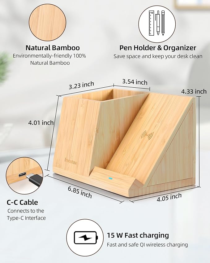 3-in-1 Bamboo Wireless Charger with Desk Organizer Bamboo Pen Holder for Desk 15W Fast Wireless Charger with Pen Holder for Home Office Supplies Compatible with iPhone and Samsung