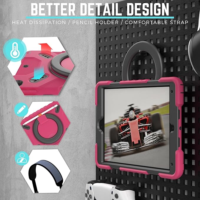 PEPKOO Triple Shockproof Case for iPad 9th/8th/7th Generation 10.2 inch 2021/2020/2019 Air 3rd Generation 10.5 inch Heavy Duty Cover with Pencil Holder Handle Kickstand Shoulder Strap Pink
