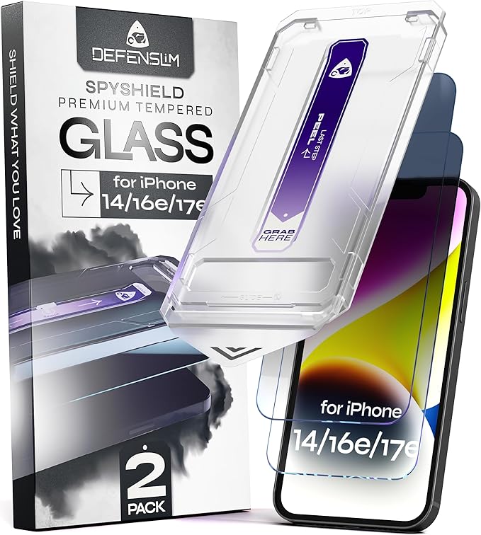 Defenslim for iPhone 14 / 16e / 17e Privacy Screen Protector (2Pack) Easy Auto-Dust &amp Align Install Kit 6.1 Tempered Glass 9H Hardness Privacy Protection Case Friendly SpyShield
