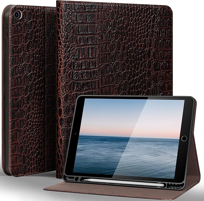 Gexmil Leather Case for iPad 10.2 Inch 9th/8th/7th Gen 2021/2020/2019Premium Cowhide Folio Cover with Pencil Holder Auto Wake/SleepAdjustable Stand Anti FingerprintBrown Crocodile