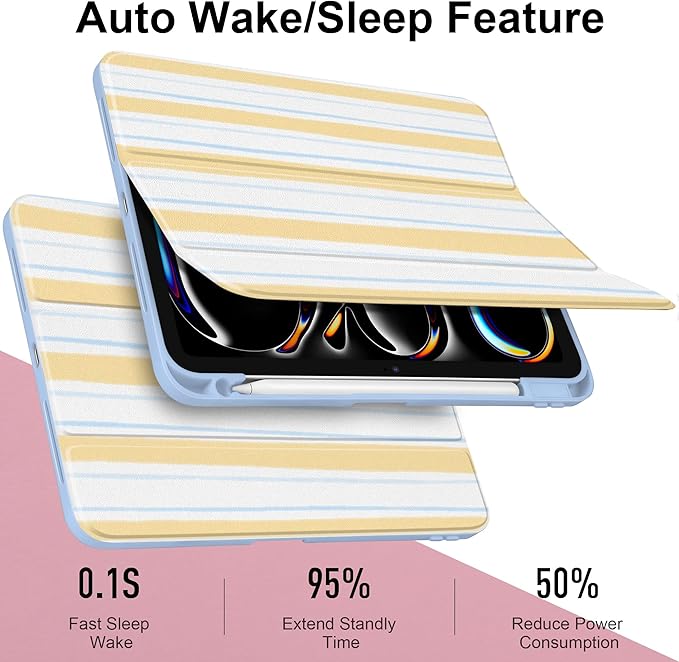 Case for iPad Pro 11 Inch (M5 2025 M4 2024) – [Built-in Pencil Holder] Shockproof &amp Stylish Clear Hard Back + Soft TPU Edge Magnetic Trifold Stand Auto Wake/Sleep Watercolor Stripes