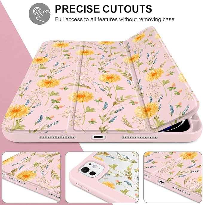 Case for iPad Pro 11 Inch (M5 2025 M4 2024) – [Built-in Pencil Holder] Shockproof &amp Stylish Clear Hard Back + Soft TPU Edge Magnetic Trifold Stand Auto Wake/Sleep Yellow Floral