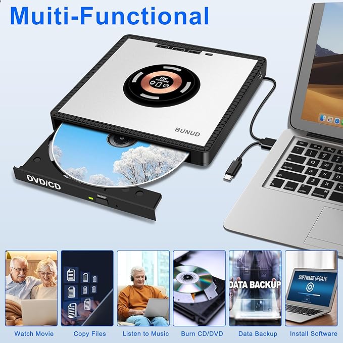 BUNUD External DVD Drive with Wireless-Charger: USB CD Burner &amp 15W Fast Charging for iPhone 17 16 15 14 13 12 Series - External DVD Player for Laptop Mac Apple Windows with SD/TF/3 USB Ports