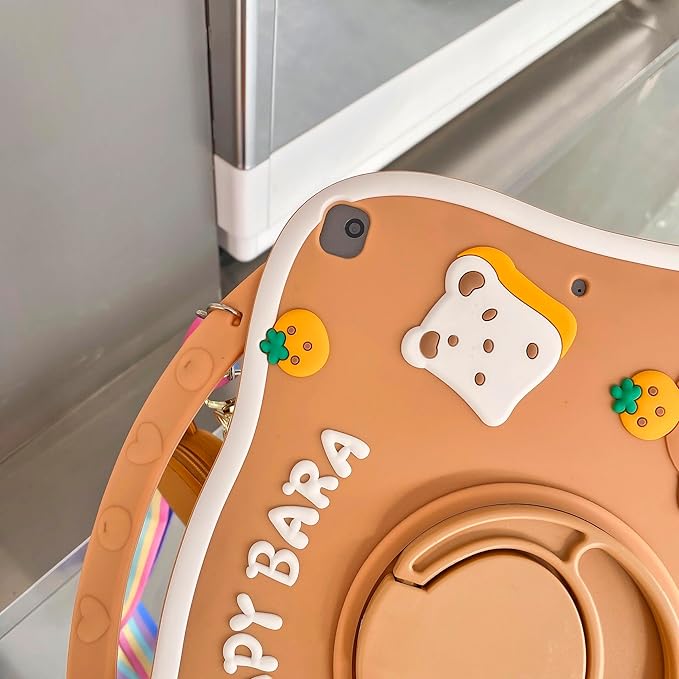 Capybara Kids Case for iPad 9th Gen(2021) / 8th Gen(2020) / 7th Gen(2019) 10.2 Inch3D Cute Silicone Cartoon Cover for Boys with Rotating Stand Adjustable Strap- Beige