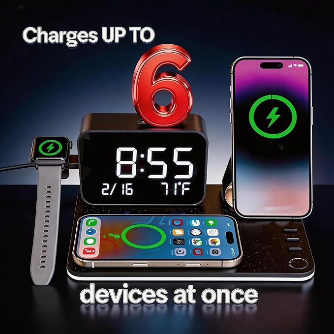 THL MagCharge 7-in-1 Magnetic Wireless Charging Station 25W Rotatable Stand Dimmable Ambient Bluetooth Clock 65W Adapter Included for iPhone 17/16/15 Apple Watch AirPods Bedside Desk Charger