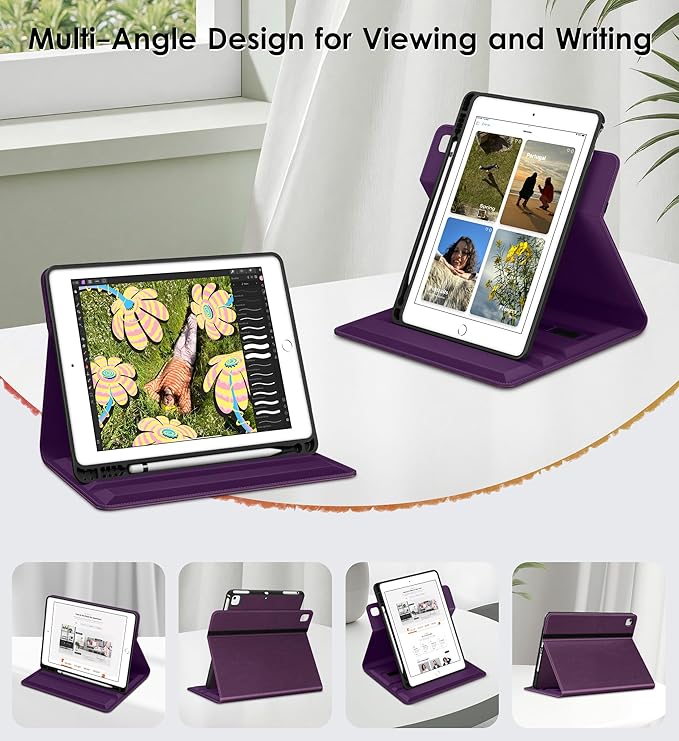DTTO for iPad 6th / 5th Generation 9.7 Inch (2018/2017) iPad Air 2 / Air 1 Case 360 Degree Rotating Premium Leather Folio Stand Cover with Pencil Holder Purple