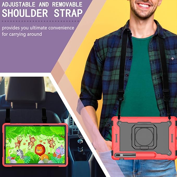 Stand Case for Samsung Galaxy Tab S8 Plus 2022/Tab S7 FE 5G 2021/Tab S7 Plus 2020 Case 12.4 inch 360 Degree Rotating Kickstandwith Hand/Shoulder Strap Rugged Shockproof Cover Red &amp Black