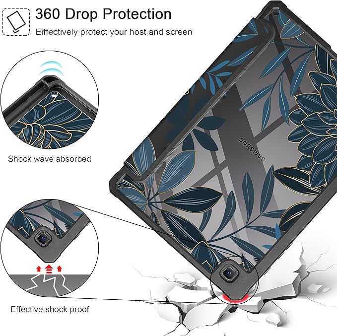 Tuiklol for Samsung Galaxy Tab S6 Lite 10.4 inch 2024 2022 2020Buit in S Pen Holder with Shockproof Protective Cover Clear Transparent Back Shell Auto Wake/Sleep Black Flower