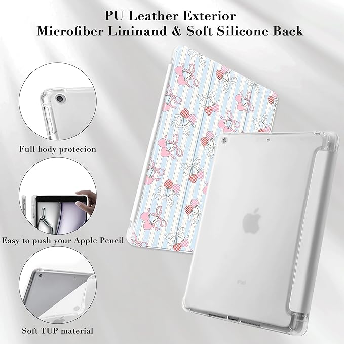 Idocolors Cute Kawaii Cherry Bow Pad Case for 9.7 Inch iPad Air/iPad Air 2 Clear TPU Smart Stand Back Cover with Pencil Holder Auto Wake/Sleep Shockproof Protective Case for Women Girls