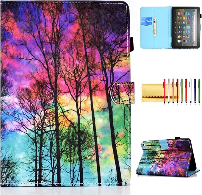 Smart Case for Amazon Fire HD 8 2024 2022 2020 12th/10th Gen Fire HD 8 Plus Case Techcircle Slim Folio Stand Magnetic Flip Cover with Card Slots+Pen Holder Auto Sleep/Wake Colorful Forest