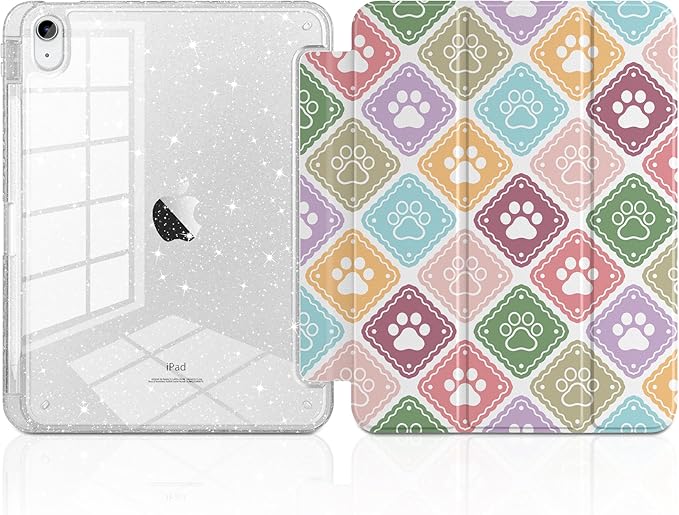 MEEgoodo Case for iPad A16 11th Generation 2025/10th Generation 2022 Glitter Tablet Cases with Transparent Acrylic Back+Trifold Stand +Pencil Holder+Auto Wake/SleepDog Paw &amp Checked
