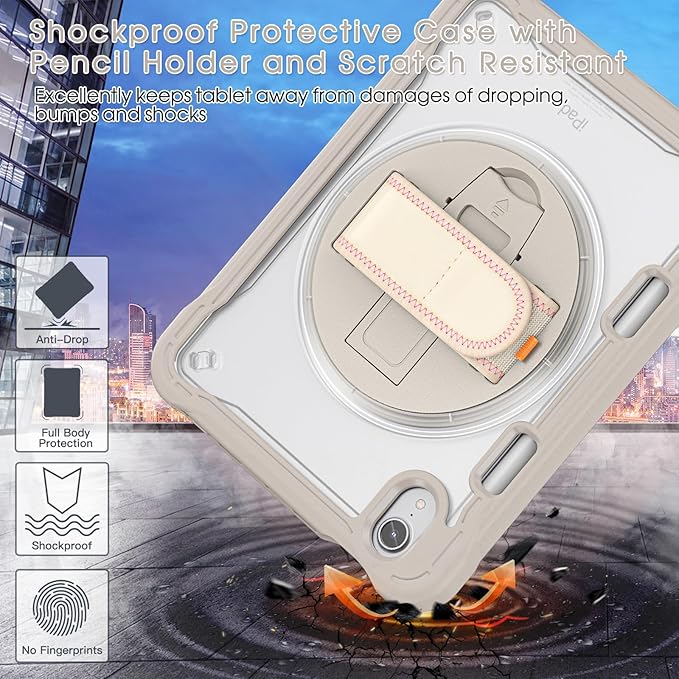BRAECNstock Case for iPad mini 7 (A17 pro) 2024 &amp Mini 6 2021 8.3-inchShockproof Protective Cover with Pencil HolderScreen Protector360° Rotating Hand Strap/Stand-Khaki