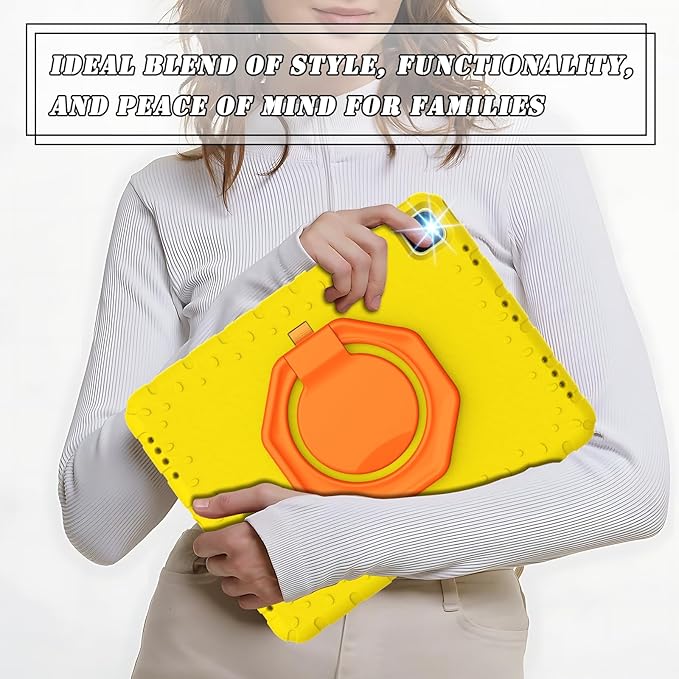 for iPad Pro 12.9 Case 3rd 4th 5th 6th Generation with Pencil Holder &amp 360° Rotating Handle Stand New Cute Rugged Cover for iPad Pro 12.9 inch 2022/2021/2020/2018 - Yellow