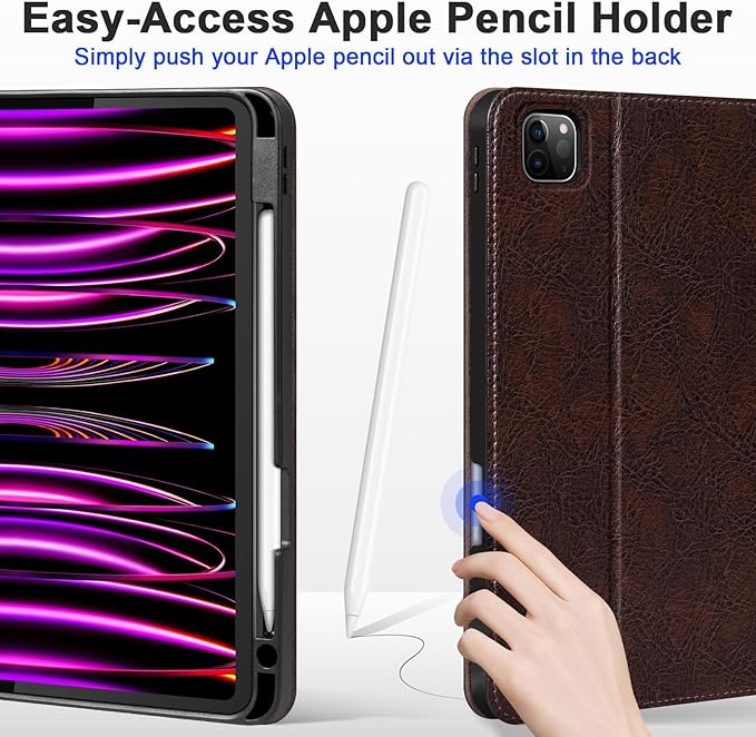 Genuine Leather Case for iPad Pro 11 Inch 4th-1st Gen 2022/2021/2020/2018 Premium Folio Cover with Pencil Holder Auto Wake/Sleep Adjustable Stand Wear-Resistant Protective Case - Moka Brown