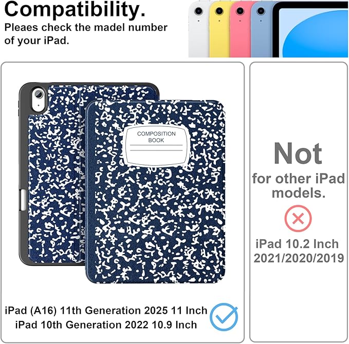 Supveco Case for iPad (A16) 11th Generation 11 inch (2025)iPad 10th Generation 10.9 inch (2022) with Pencil Holder-[Auto Wake/Sleep]Premium Folio Stand Case with Soft TPU Back Cover-Navy