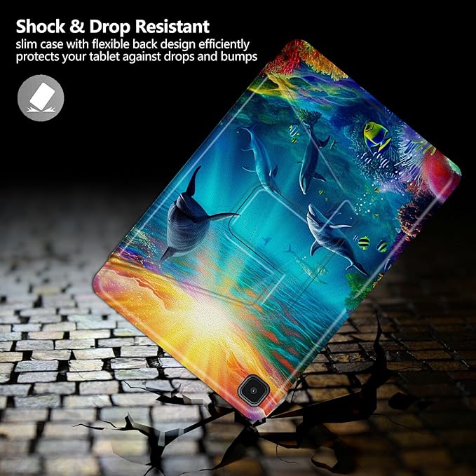 Ocean with Dolphins Pattern Case for Samsung Galaxy Tab A7 10.4 Inch(2022/2020)(SM-T500/T503/T505/T507/T509)BFDHGQZC 360 Degree Rotating Stand Protective Cover with Auto Sleep/Wake