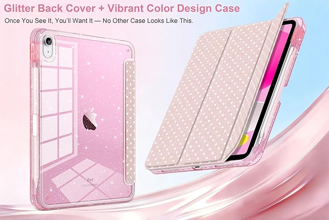 MEEgoodo Case for iPad A16 11th Generation 2025/10th Generation 2022 Glitter Tablet Cases with Transparent Acrylic Back+Trifold Stand +Pencil Holder+Auto Wake/SleepBlush Pink &amp Polka Dots