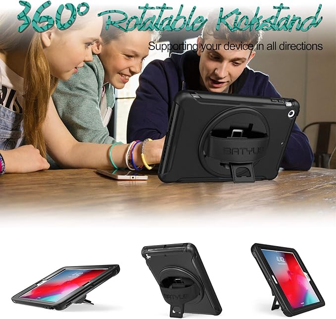 BATYUE Shockproof Case for iPad mini 1/2/3 (2012/2013/2014) - 360° Multi-Angle Stand (Portrait &amp Landscape) &amp Grip Multi-Scene for All Ages Black