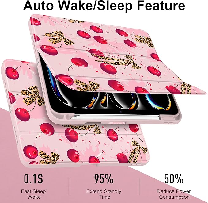 Case for iPad Pro 11 Inch (M5 2025 M4 2024) – [Built-in Pencil Holder] Shockproof &amp Stylish Clear Hard Back + Soft TPU Edge Magnetic Trifold Stand Auto Wake/Sleep Cherry &amp Leopard