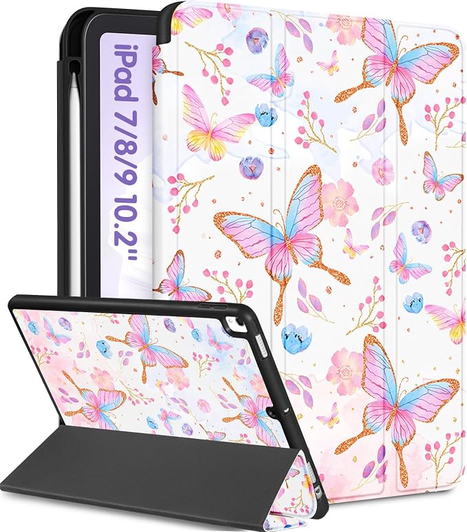 4-for iPad 9/8/7th-Pink Butterfly
