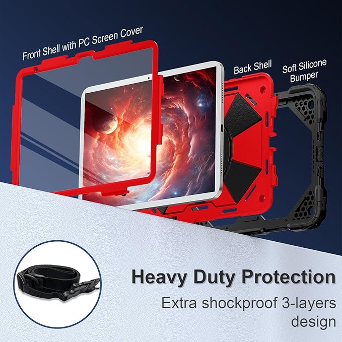 Case for iPad 10th Generation 10.9 Inch (2022) iPad (A16) 11th Generation 11 Inch (2025) Rugged i Pad Case 10th Gen with 360°Rotating Stand Screen Protector Pen Holder Shoulder Strap Red
