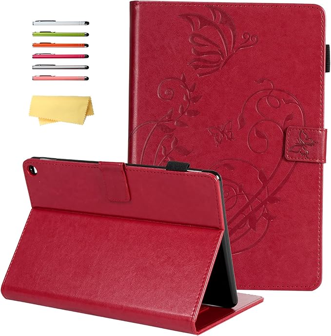 Case for Kindle Fire HD 10 &amp HD 10 Plus 10.1 (13th/11th Generation 2023/2021) Stand Embossed PU Leather Magnetic Wallet Cover with Pencil Holder/Pockets [Auto Wake/Sleep] Red Butterfly