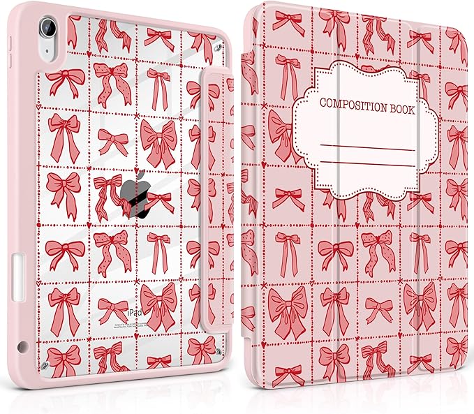 DONGKE Case for iPad (A16) 11th Generation 11 inch 2025 &amp iPad 10th Gen 10.9 inch 2022 [Built-in Pencil Holder] Clear Acrylic Back Trifold Stand Smart Cover Auto Sleep/Wake Bow Composition Book