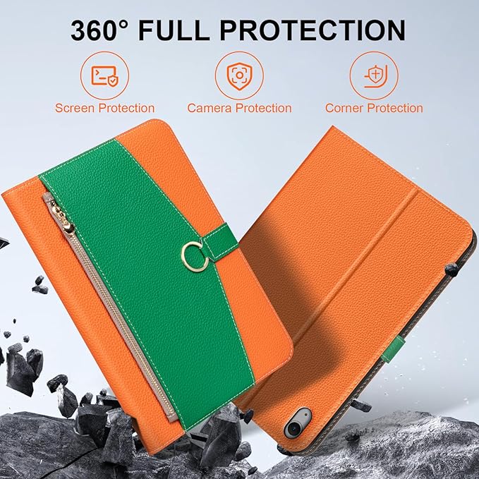 Leather Case for iPad 11th Gen 11 (2025) &amp 10th Gen 10.9 (2022) - Premium Leather Feel w/Zippered Pocket Secure Buckle Auto Wake/Sleep &amp Adjustable Shockproof Stand (Orange/Green)