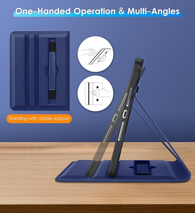 DTTO for iPad 9th / 8th / 7th Generation Case 10.2 Inch (2021/2020/2019) 360 Degree Rotating Premium Leather Folio Stand Cover with Pencil Holder Navy Blue