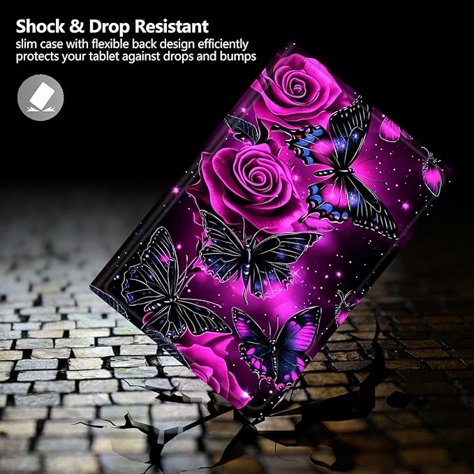 DIGTIALLL Case for Amazon Kindle Fire HD 10 Tablet (9th/7th/5th Generation2019/2017/2015 Release) 10.1 PU Leather Smart Protective Cover with Auto Sleep/WakePurple Rose Butterfly