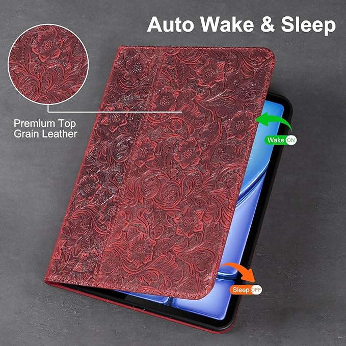 Gexmil Leather Case for iPad Air 11 Inch M4/M3/M2 (2026/2025/2024)iPad Air 10.9 Inch 5th/4th Generation 2022/2020 Top Grain Leather Cover Auto Sleep/Wake Adjustable StandFloral Red