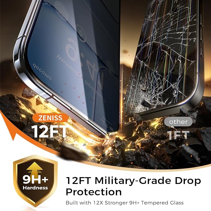 NeverBreak 9H+ Hardness for iPhone Air Privacy Screen Protector 12FT Military Grade Protection (Scratch Shatter Drop Resistance) Tempered Glass Full Coverage 6.5 2 Pack with De-Bubble Card
