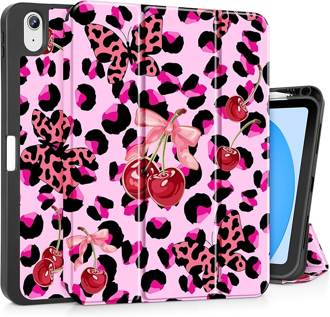 Tuiklol Case for iPad 10.2 Inch 2021 2020 2018 Release 9th / 8th / 7th Generation Built-in Pencil Holder TPU Protective Stand Back Cover Trifold Stand-Auto Wake/Sleep Butterfly Cherry