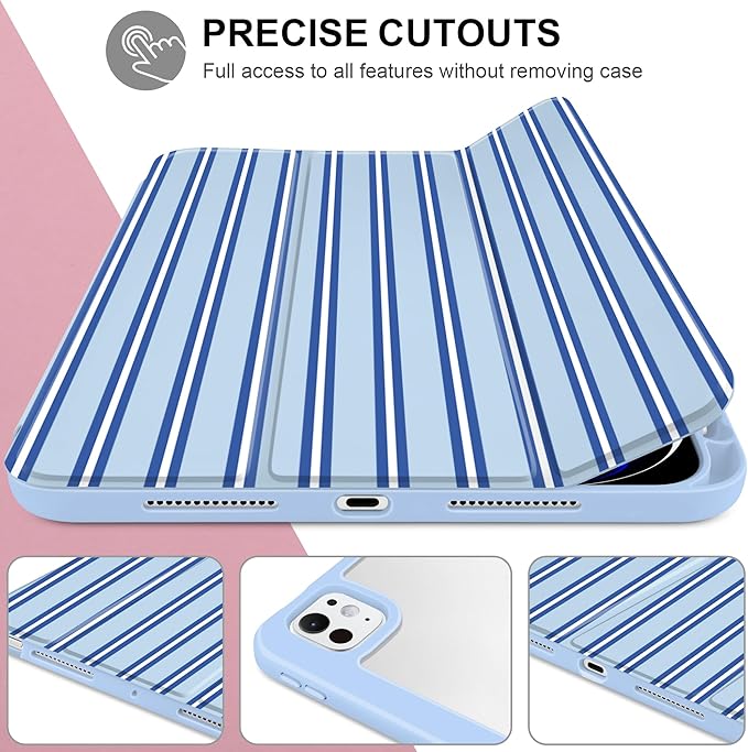 Case for iPad Pro 11 Inch (M5 2025 M4 2024) – [Built-in Pencil Holder] Shockproof &amp Stylish Clear Hard Back + Soft TPU Edge Magnetic Trifold Stand Auto Wake/Sleep Blue Stripes