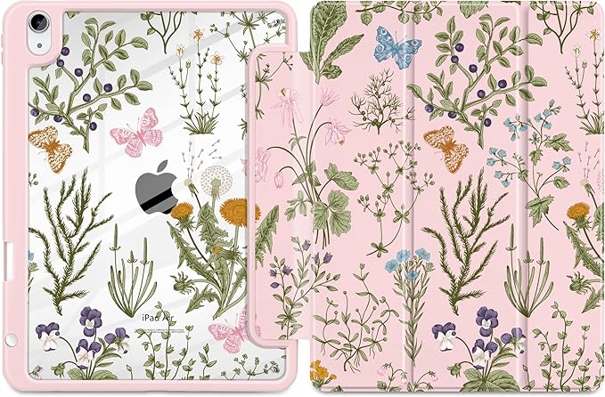 DONGKE Case for iPad Air 11-inch M4 2026 &amp M3 2025 &amp M2 2024 iPad Air 5th/4th Generation 10.9 2022/2020 [Built-in Pencil Holder] Clear Acrylic Back Trifold Stand Smart Cover Wildflower &am