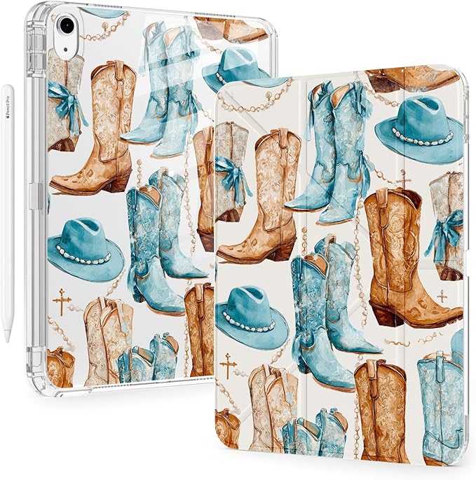 Western Cowgirl Boots for iPad (A16) 11th/10th Generation Case 11 Inch/10.9 Inch 2025/2022 with Pencil Holder Auto Sleep/Wake White Leather Acrylic Back Detachable Cover