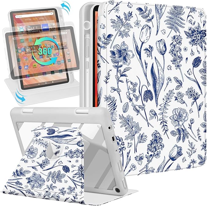 Kidcube for Kindle Fire HD 10/10 Plus Tablet Case - 13th/11th Generation (2023/2021) 10.1 Women Girls Cute Girly Pretty Floral Rotating Stand Pencil Holder Folio Cases for Amazon Fire HD 10/10 Plus