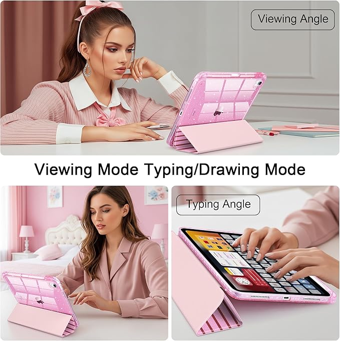 DONGKE for iPad Pro 11 inch Case – Fits M5 2025 / M4 2024 Shockproof Sparkling Glitter Acrylic Back Pencil Holder Trifold Stand Auto Sleep/Wake &amp Touch ID Support - Pink Stripes