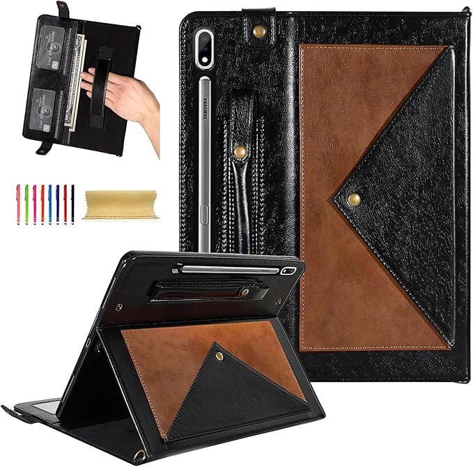 Dteck Case for Galaxy Tab S10 Plus/S9 FE Plus/S9+/S8+/S7 FE/S7+ 12.4Business PU Leather Fold Stand Protective Cover with S Pen Holder Shoulder Hand Strap Card Slots Bag Wallet CoverCoffee/Black
