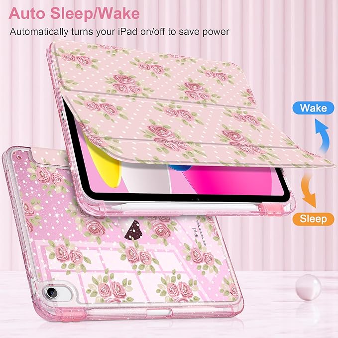 MEEgoodo Case for iPad A16 11th Generation 2025/10th Generation 2022 Glitter Tablet Cases with Transparent Acrylic Back+Trifold Stand +Pencil Holder+Auto Wake/SleepVintage Chic Floral