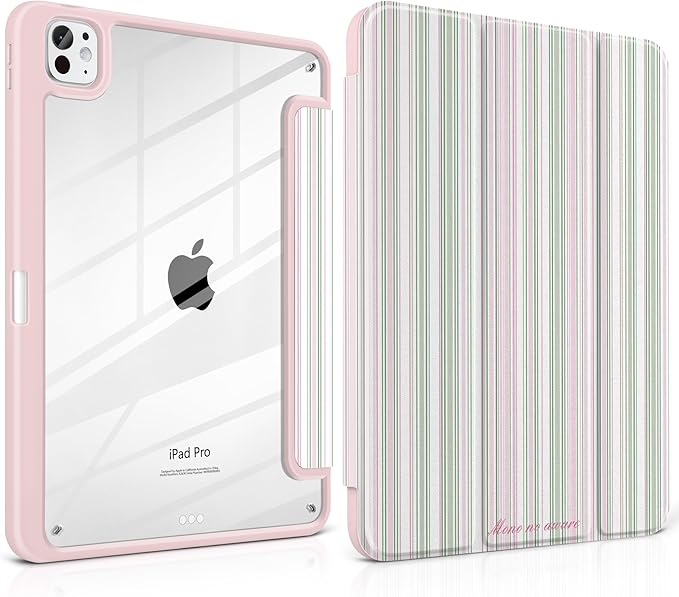 TWOLSKOO Case for iPad Pro 11-inch (M5 2025 / M4 2024) Clear Acrylic Back with TPU Bumper Pencil Holder Trifold Stand Auto Sleep/Wake Pastel Stripes