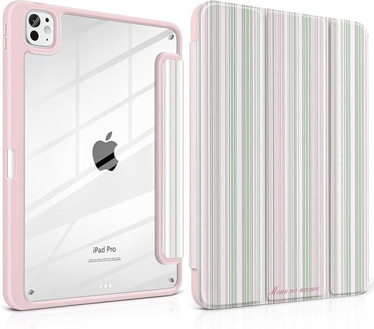 TWOLSKOO Case for iPad Pro 11-inch (M5 2025 / M4 2024) Clear Acrylic Back with TPU Bumper Pencil Holder Trifold Stand Auto Sleep/Wake Pastel Stripes