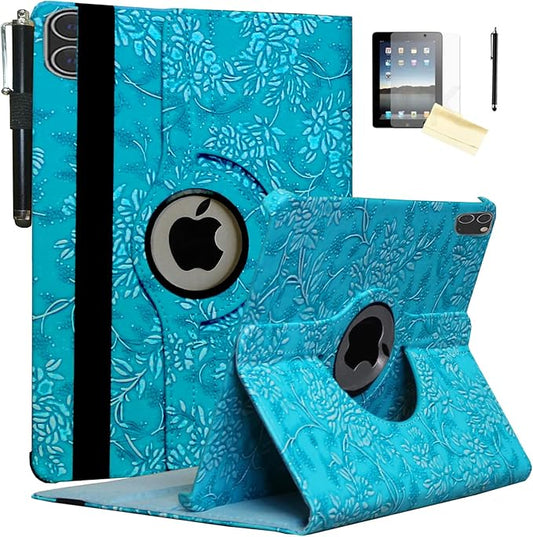 Case for iPad Pro M5 11 2025 / Pro M4 11-Inch 2024 Rotating Stand Smart Cover for A3357 A3361 A3362 A2836 A2837 A3006 (Embossed Flower)