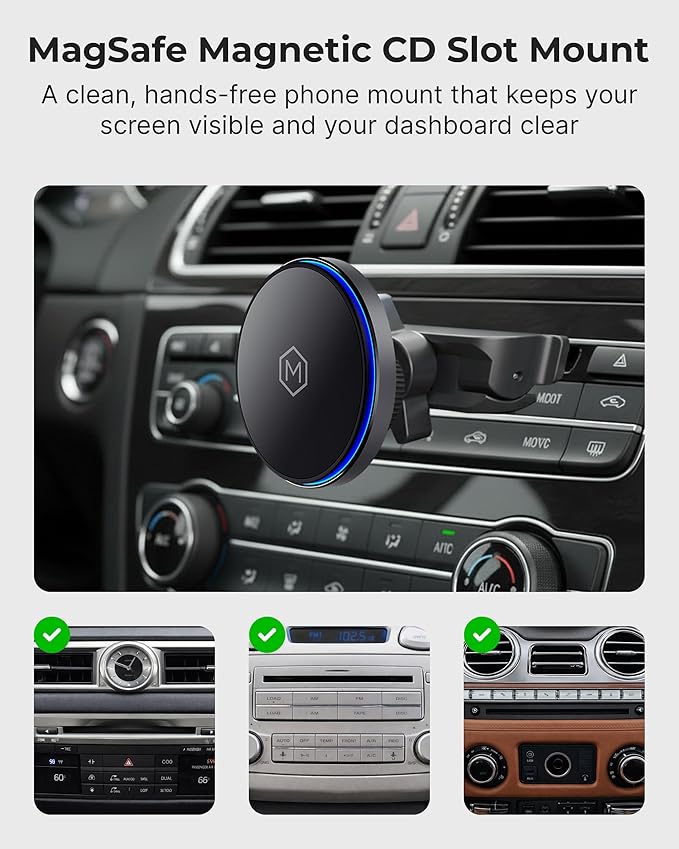 Qi2 15W Wireless Car Charger CD Mount for MagSafe - Magnetic Wireless Charger - Built in on/Off Switch for Charging - Fast Charging &amp Compatible with iPhone 17 16 15 14 13 12 Series