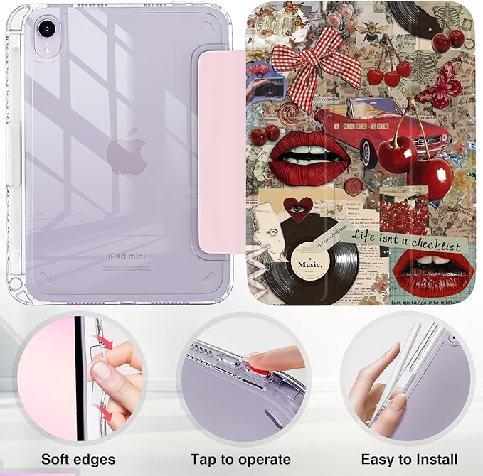Retro Vintage iPad mini 6/7 8.3'' Case 2021/2024 Model A15/A17 Pro Red Lips Cherry Vinyl Aesthetic Bow Acrylic Back with Pencil Holder Auto Wake/Sleep Girls Protective Cover